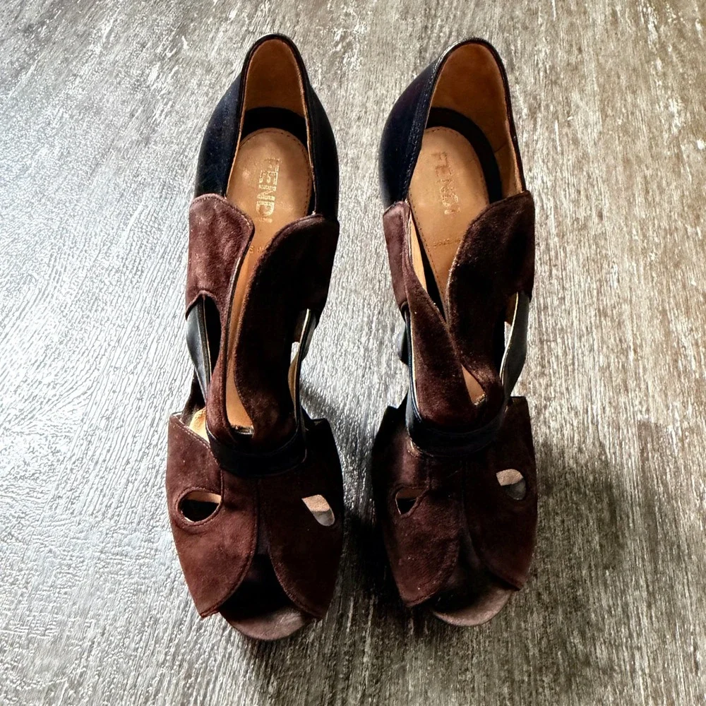 Fendi Platform Heels Womens 36.5 Brown Suede Black Leather Peep Toe Cutout Italy